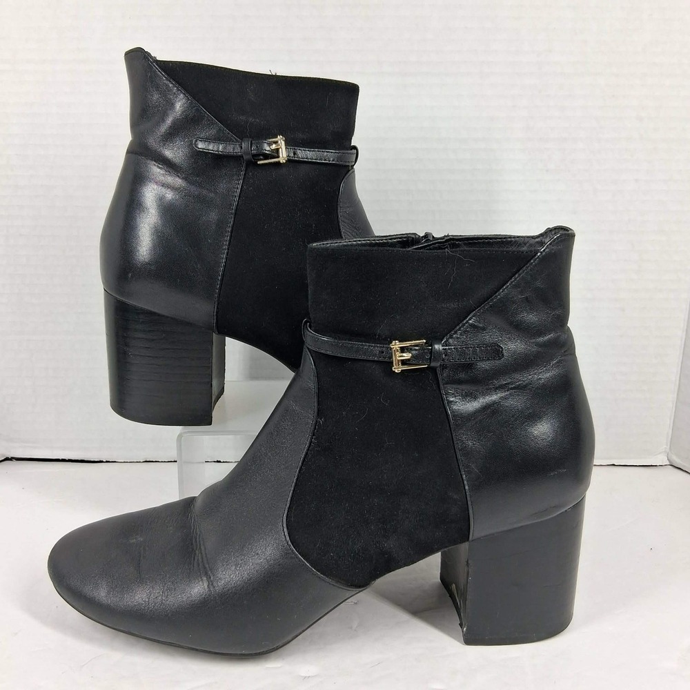 Cole Haan Womens Black Leather Suede Block Heel‎ Ankle Booties W08120 Size 10B